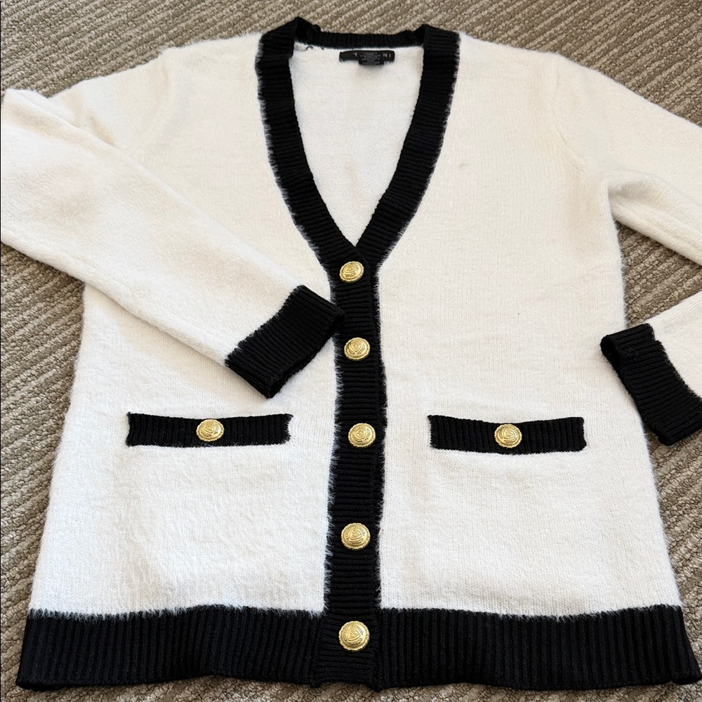 Tahari Black and White Cardigan with Gold Buttons